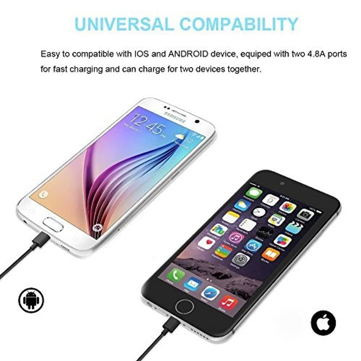 Universal compatibility car charger charging iOS and Android phones via dual ports