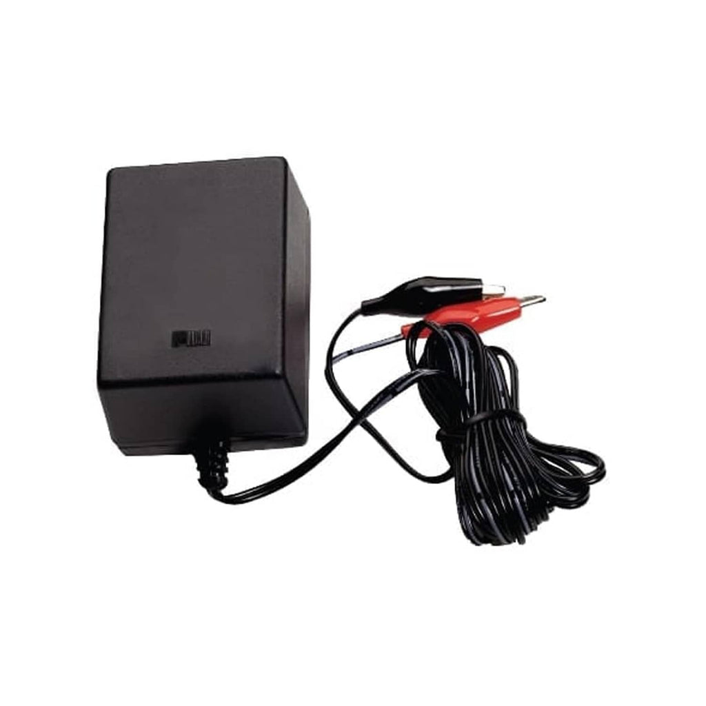 Battery charger power supply with black casing and corded wiring, red and black clips