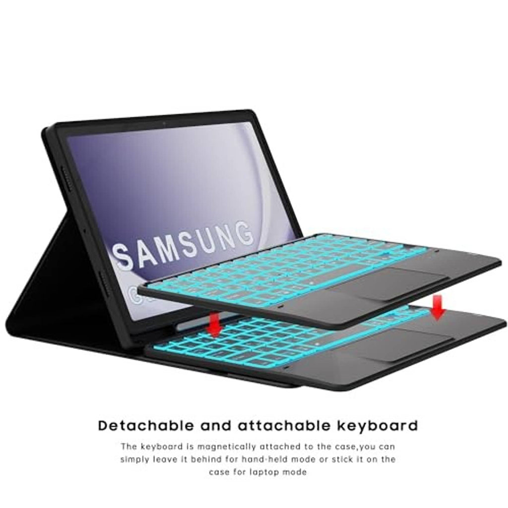 Black tablet folio keyboard case with detachable keyboard attachment and cyan backlit keys