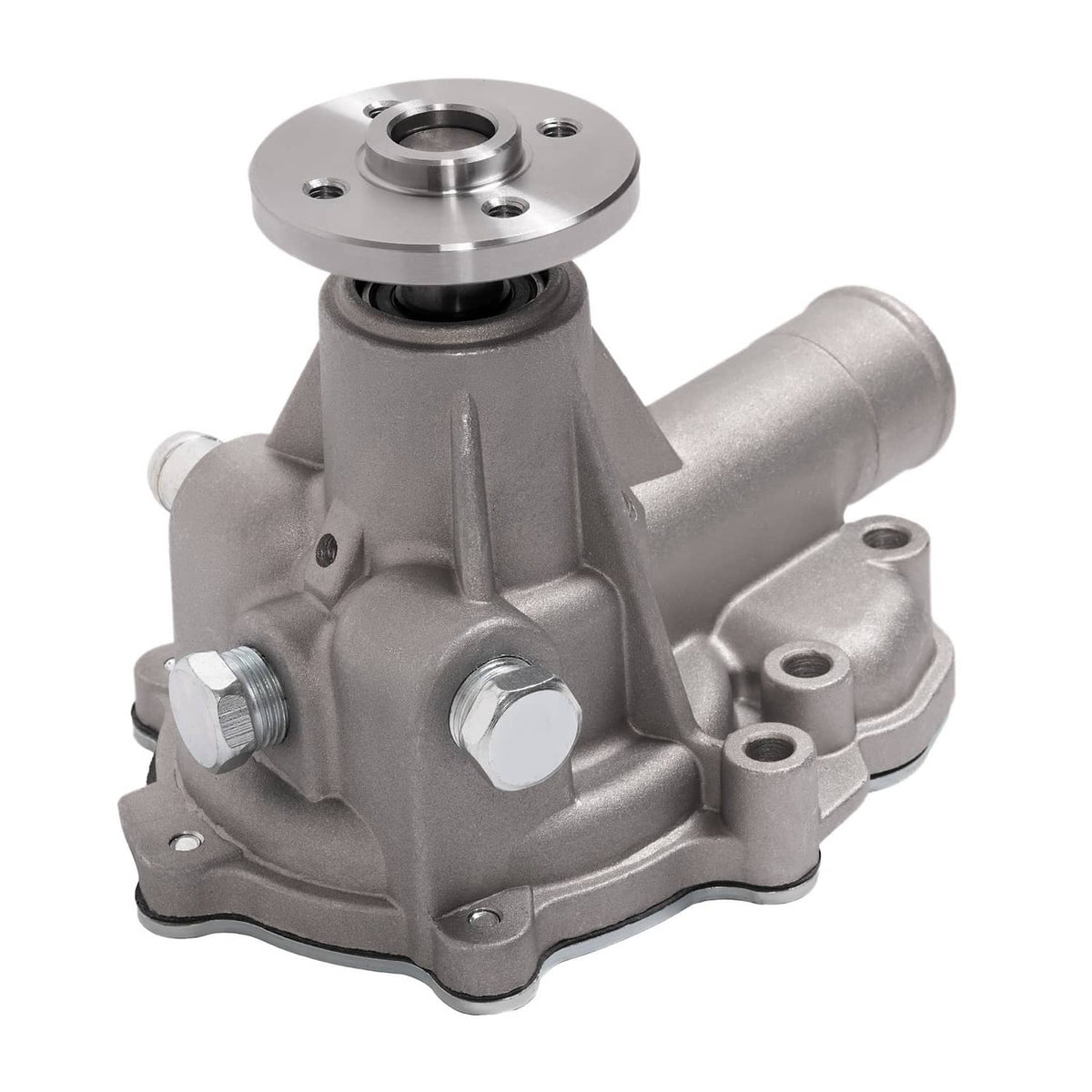Water pump assembly with pulley hub and front mounting plate, silver metal finish