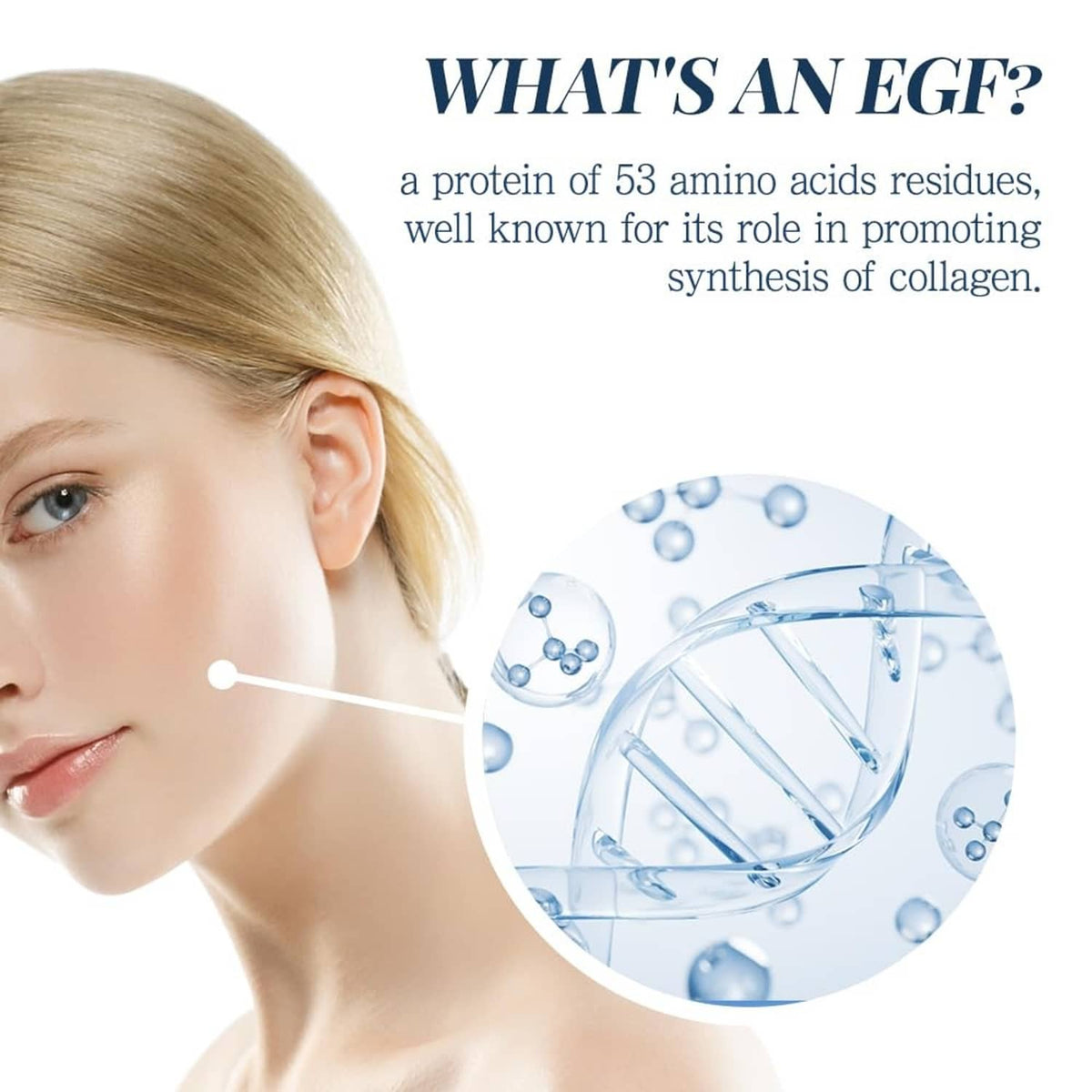 EGF serum applied to a woman’s face with magnified skincare ingredient circle