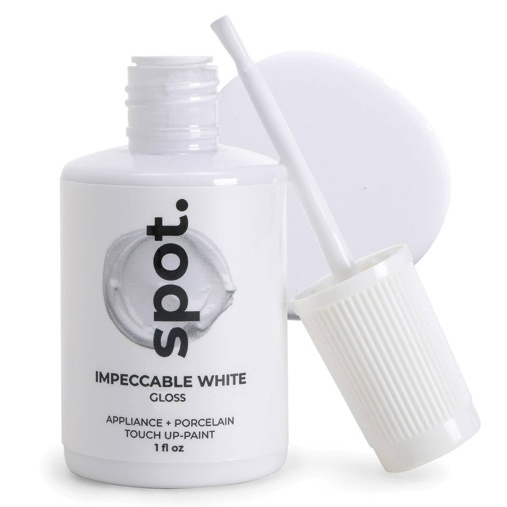 White high-gloss touch-up paint bottle with ribbed applicator cap, 1 fl oz.