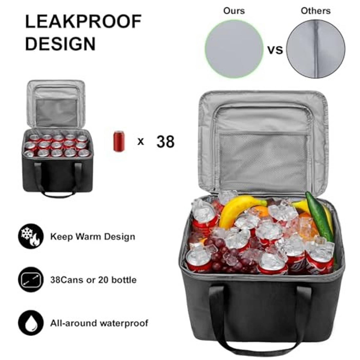 Leakproof black insulated trunk organizer with zip lid, front handle, and waterproof construction