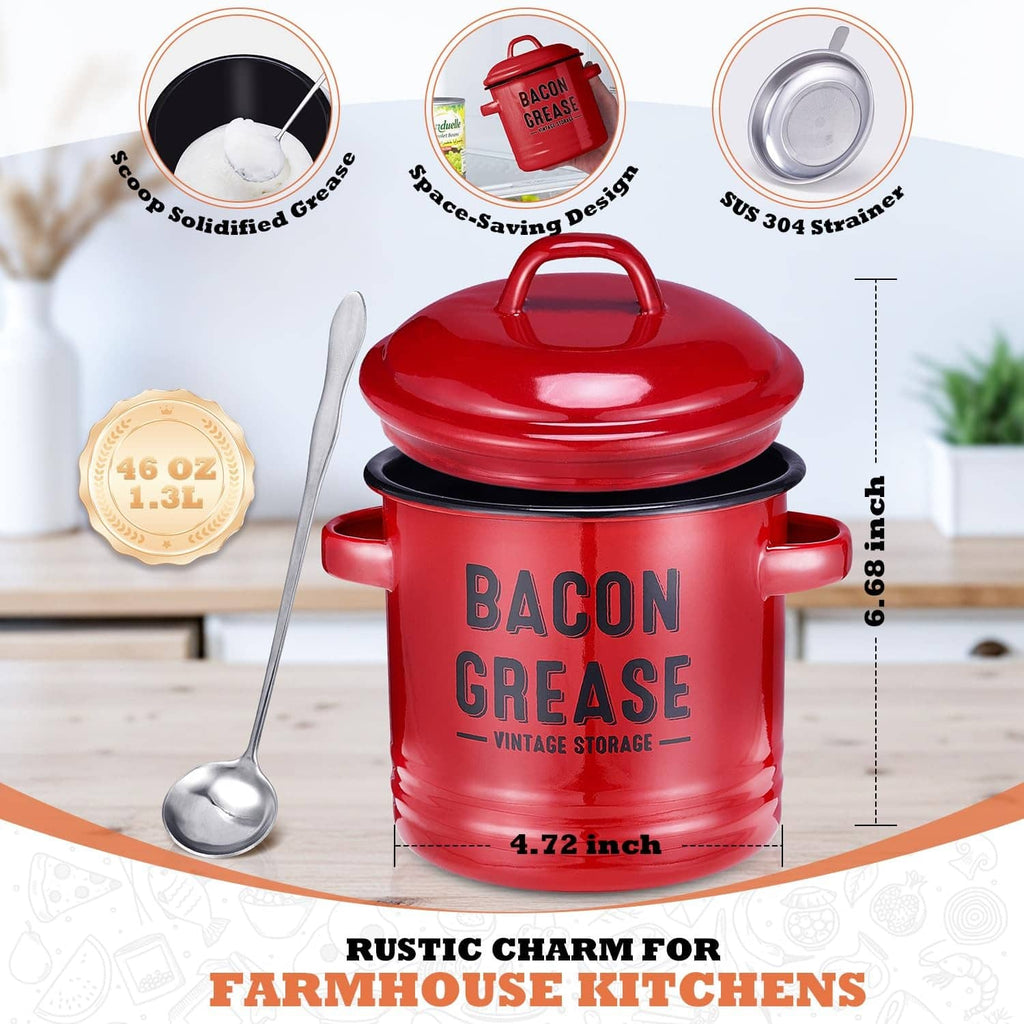 Red bacon grease container with lid, size markings, and included spoon