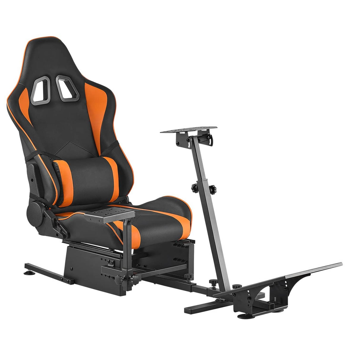 Racing wheel stand with racing seat and tall support frame for pedals, black/orange