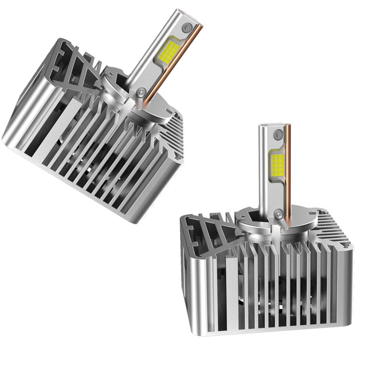 LED headlight bulb set showing metal heatsinks, LED chips, and bracket mounts, 2 pack
