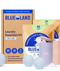 BLUELAND laundry essentials kit with detergent boxes, booster container, and blue dryer balls