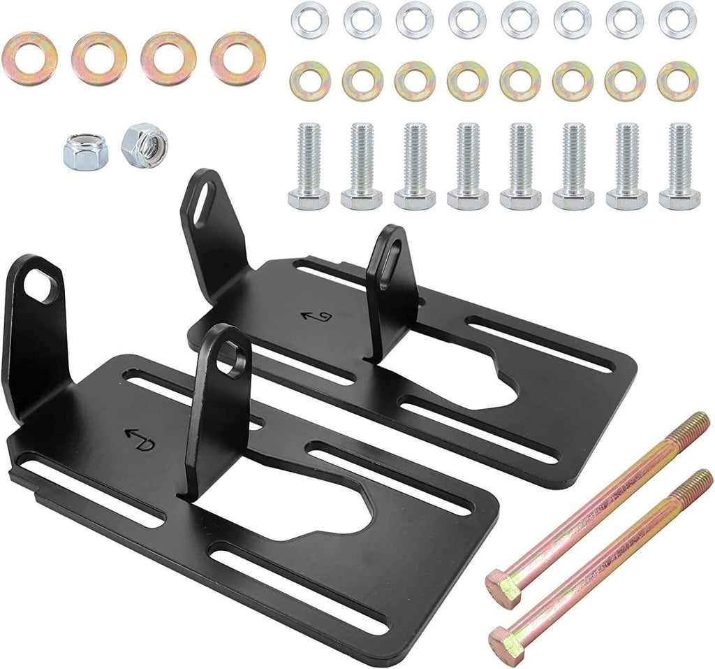 Adjustable engine mount bracket kit with black steel plates, bolts, and washers