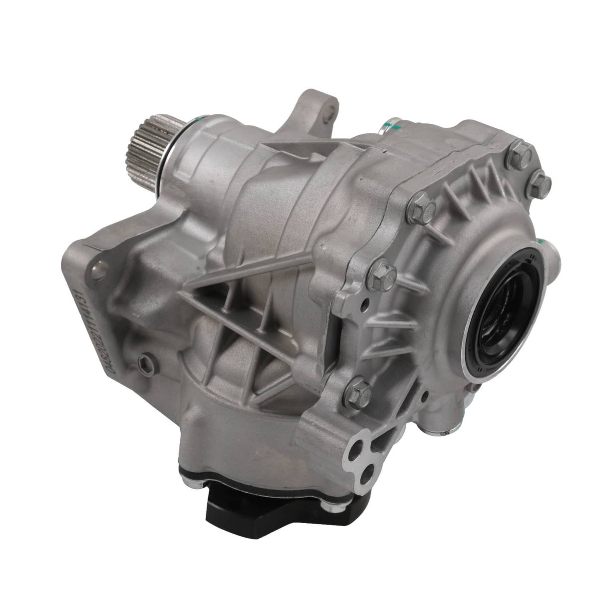Automotive transfer case assembly with silver housing, side flange, and black seal ring.