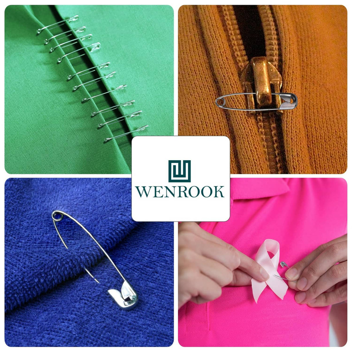 Safety pins attached to fabric and used to fasten a ribbon