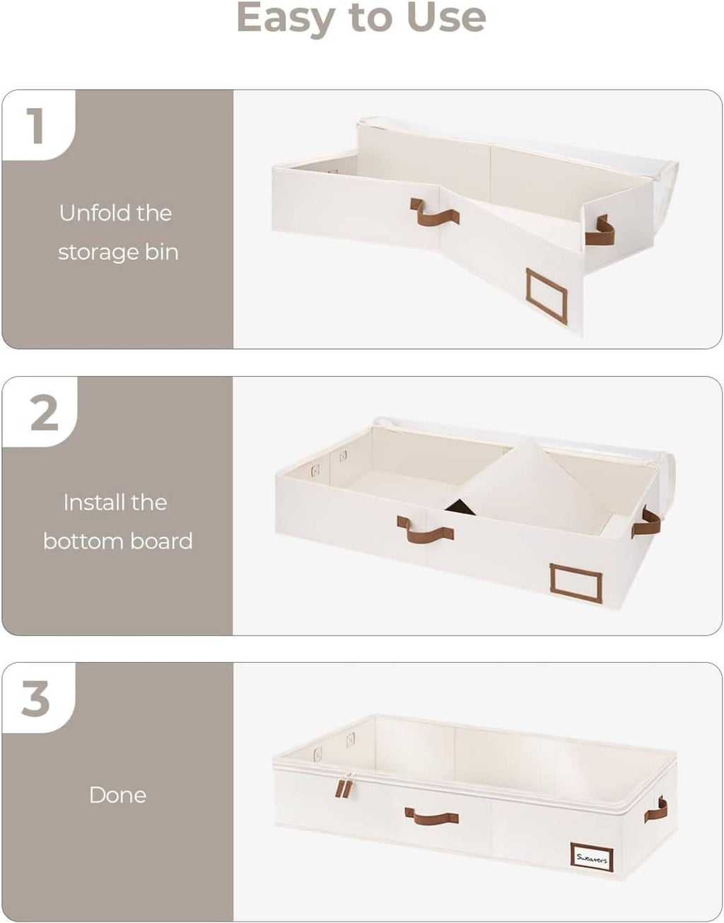 Foldable storage bin with bottom board, brown handles, and built-in label holder