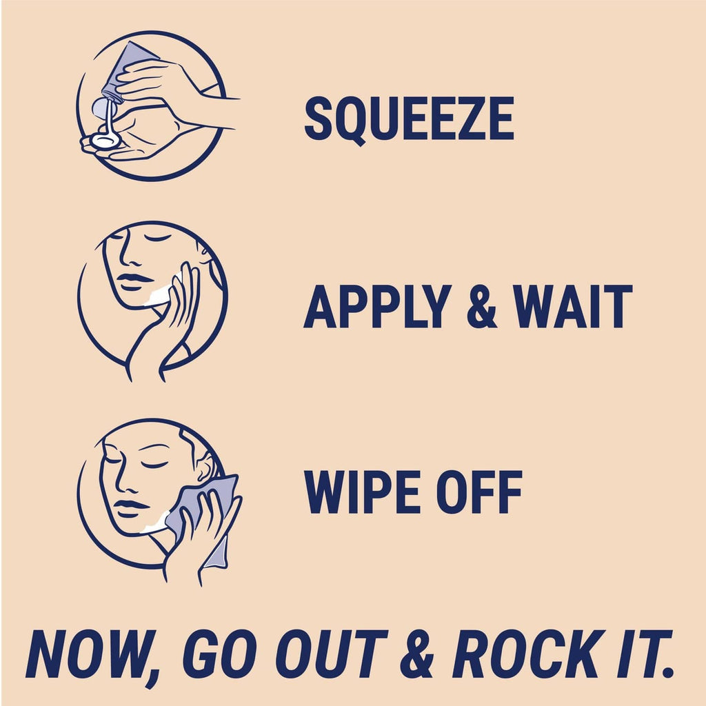 Hair remover face cream how-to graphic: squeeze, apply & wait, wipe off