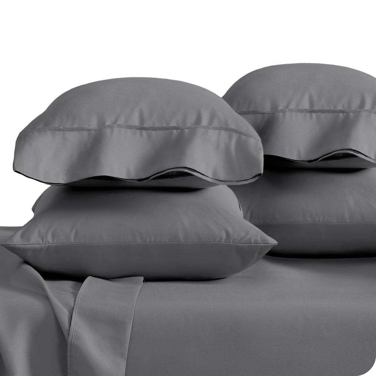 Grey microfiber standard pillowcases with envelope closure, soft drape.