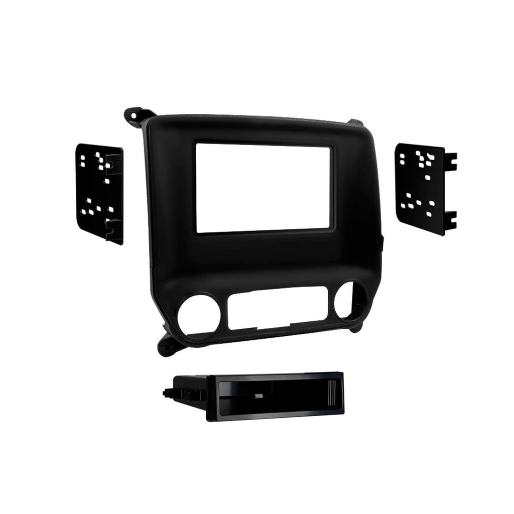 Black dashboard radio bezel kit with side mounting brackets and DIN pocket