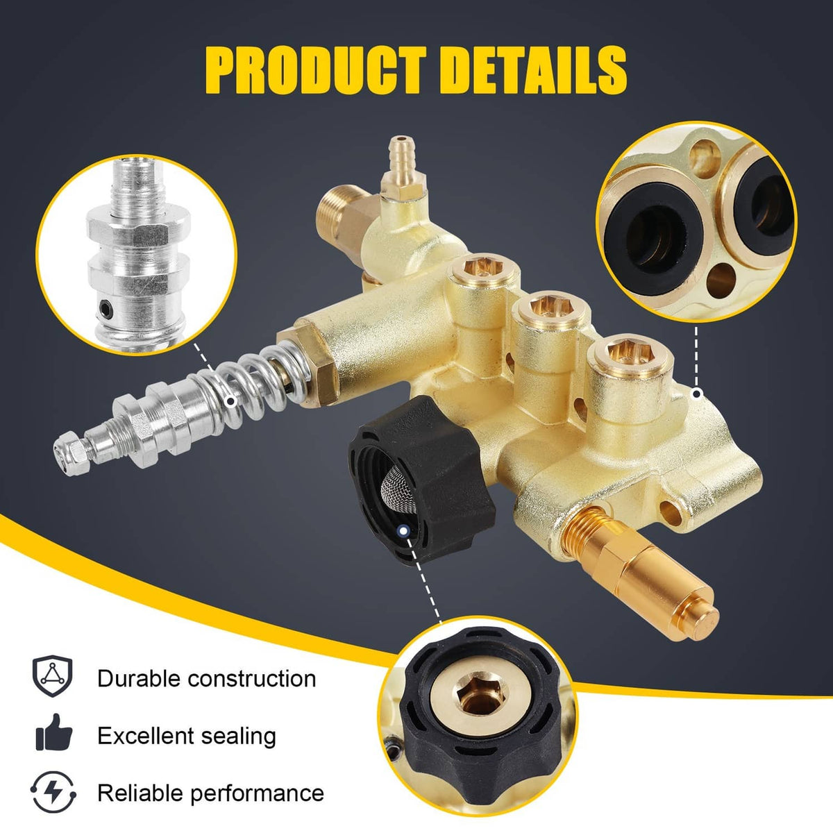 Gold pressure washer manifold with integrated unloader and hose/outlet ports detail