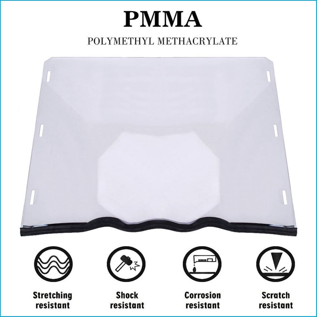 Clear PMMA windshield insert sheet with wavy black seal edge and mounting slots