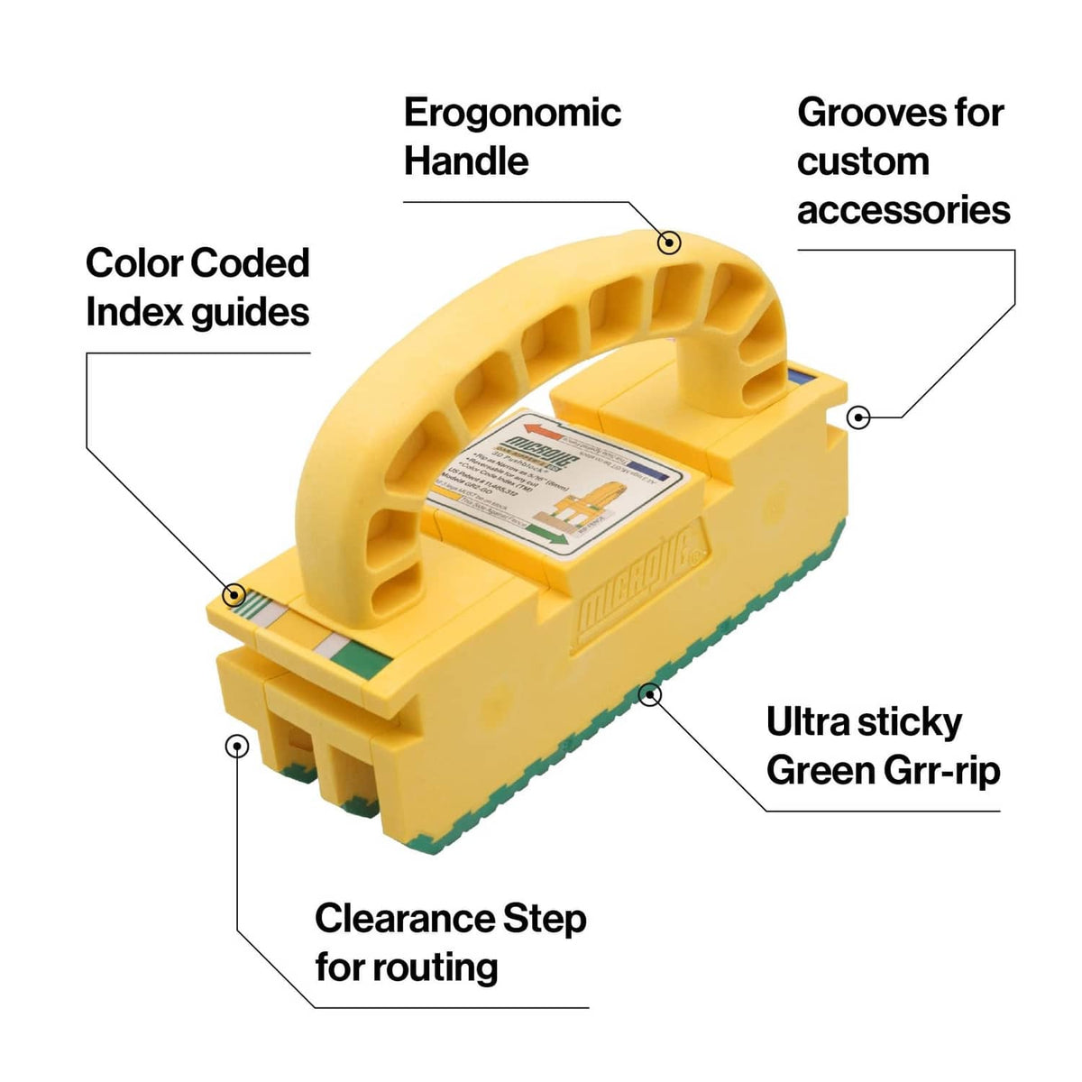 Yellow push block diagram showing green toothed base and arched handle