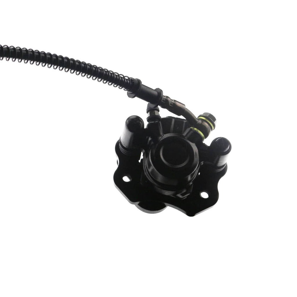 Rear brake caliper with braided hose, black housing and metal mounting base
