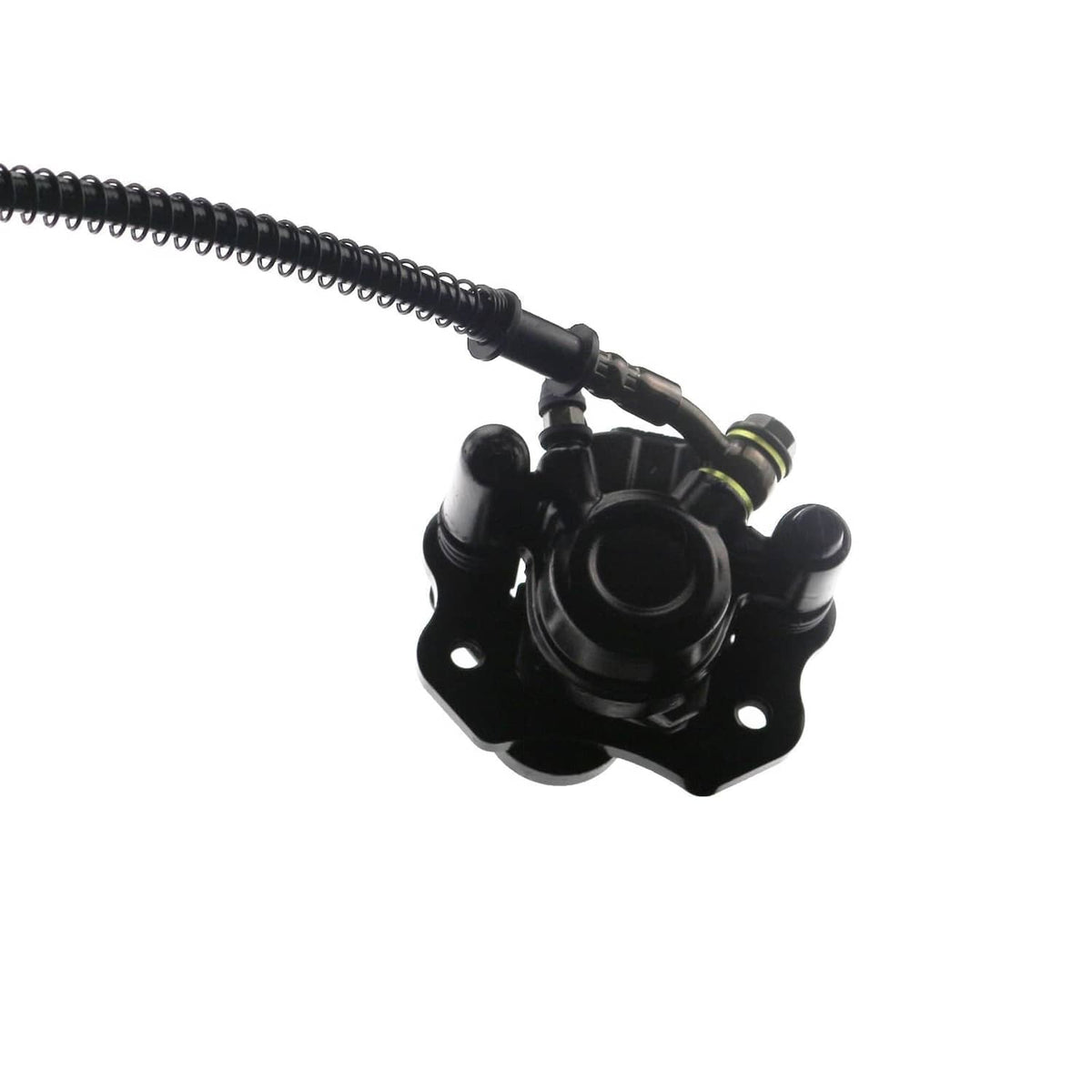 Rear brake caliper with braided hose, black housing and metal mounting base