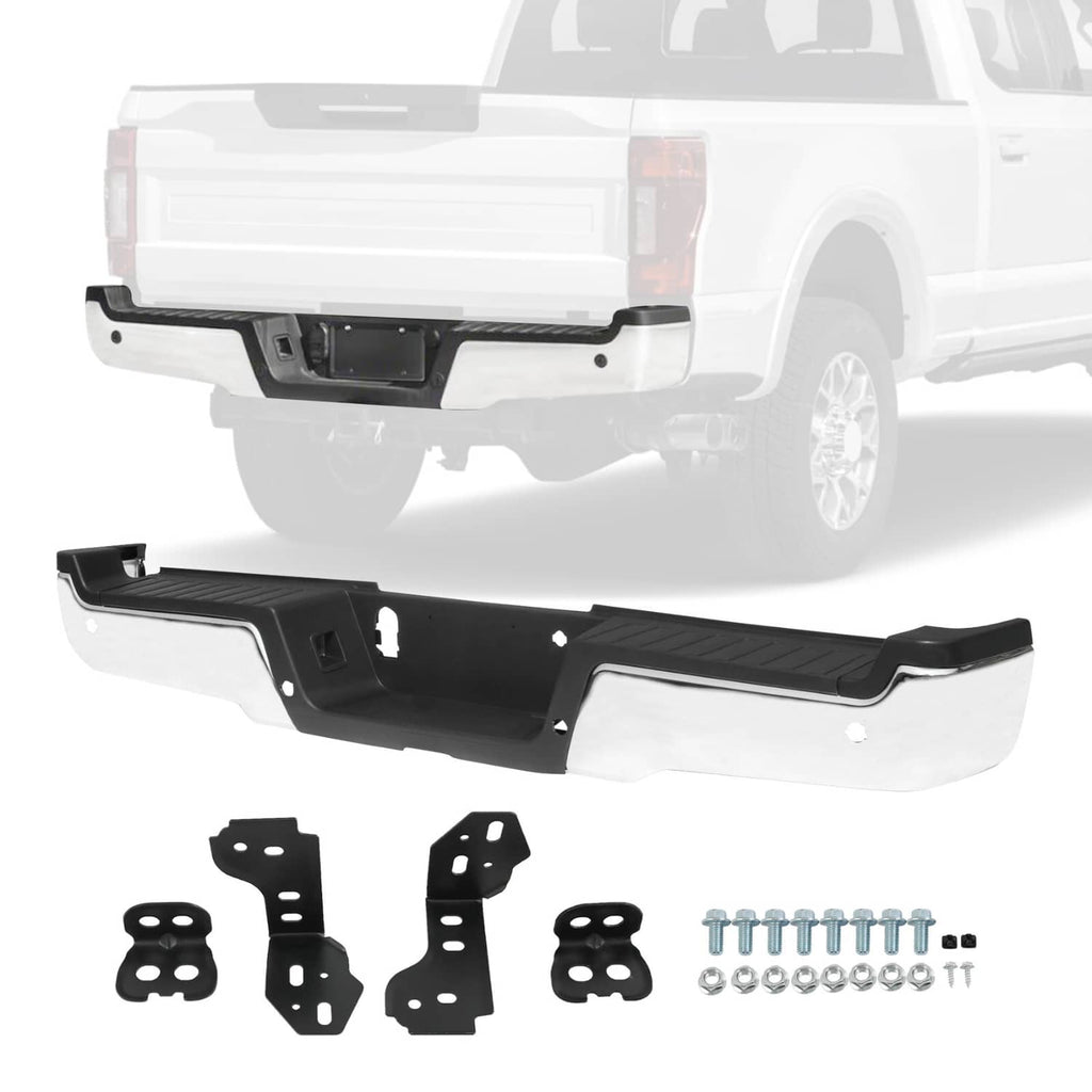 Rear step bumper assembly with black center panel and included mounting hardware kit