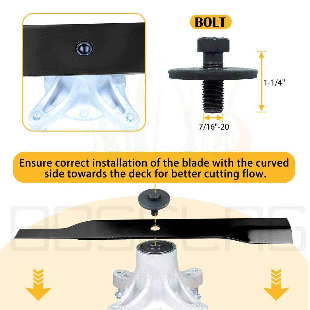 Toro mower blade with threaded bolt, black steel; curved side installation shown