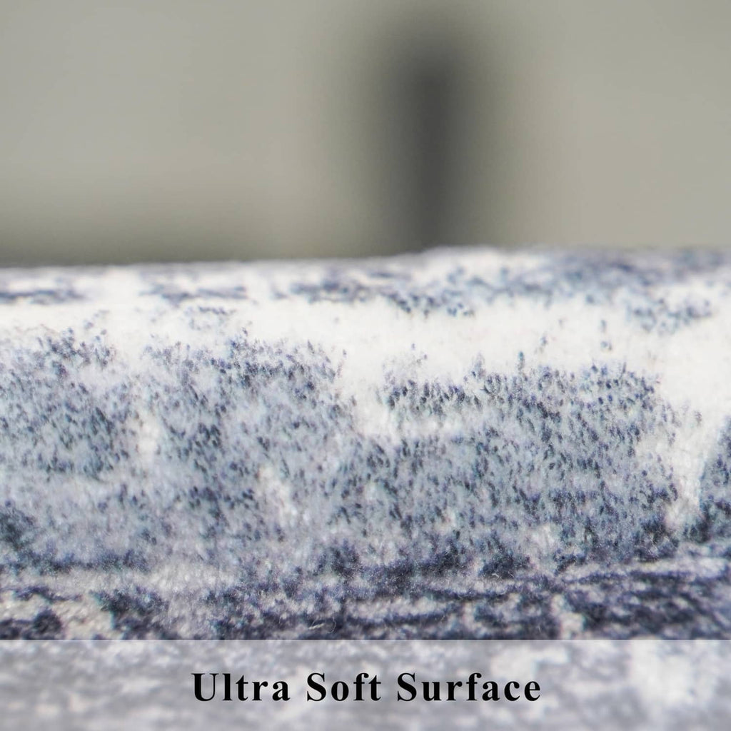Ultra-soft surface of blue and ivory rug with mottled, distressed texture close-up.
