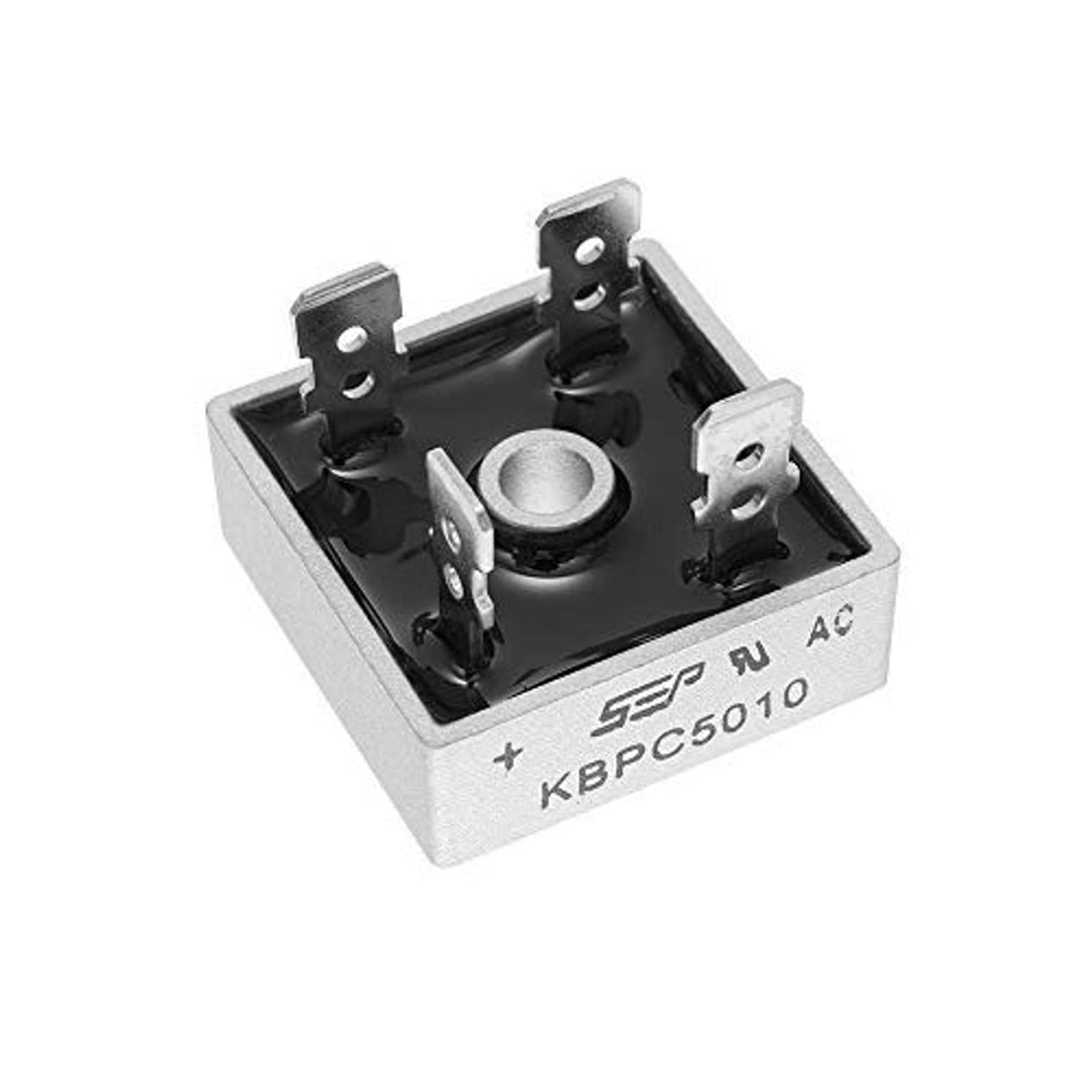 Bridge rectifier diode module, 4-pin KBPC5010, angled view with black top and pins