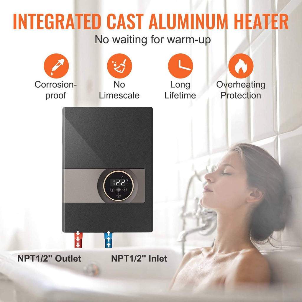 Electric tankless water heater with LED display and visible inlet/outlet ports