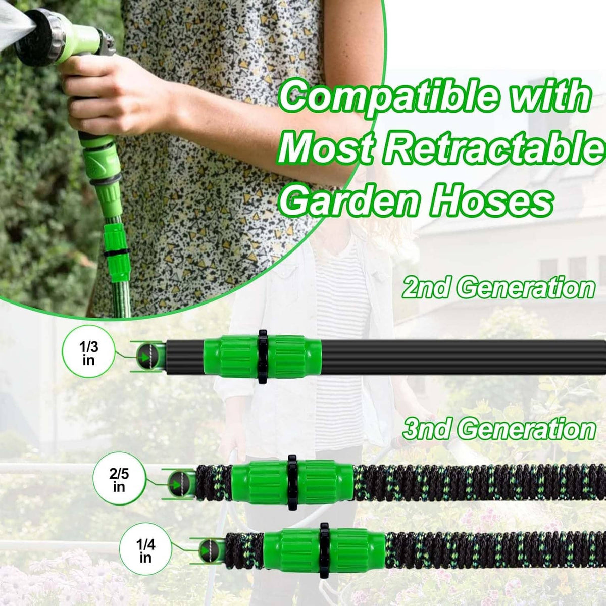 Green expandable garden hose repair connector installed on an expandable coiled hose