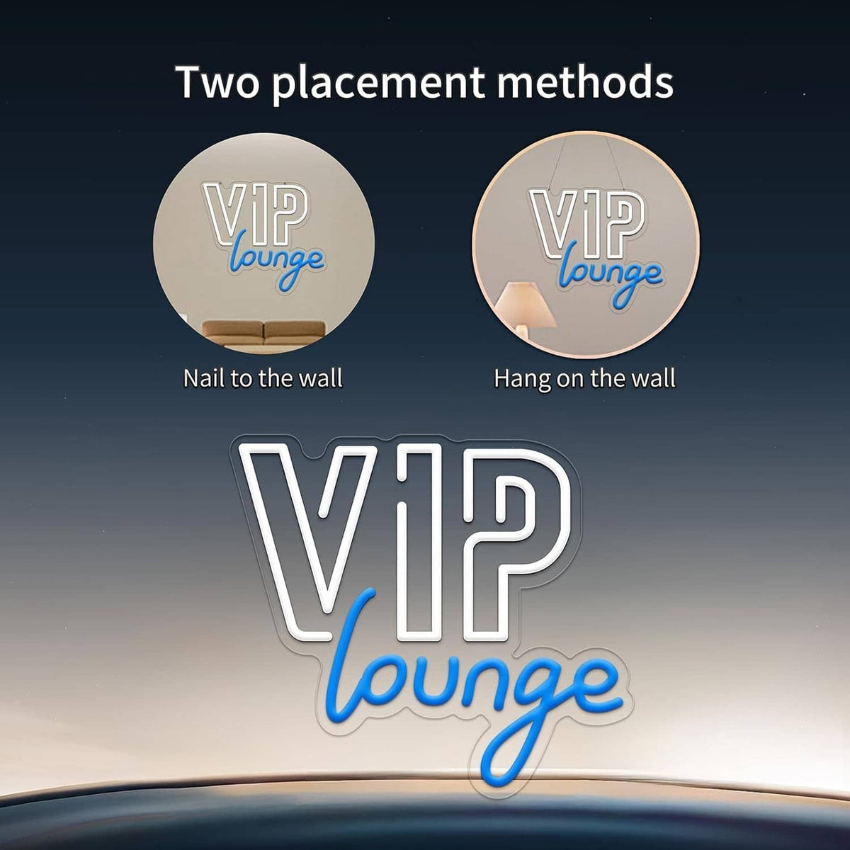 Neon wall sign "VIP lounge" with white and blue glow, shown with mounting options