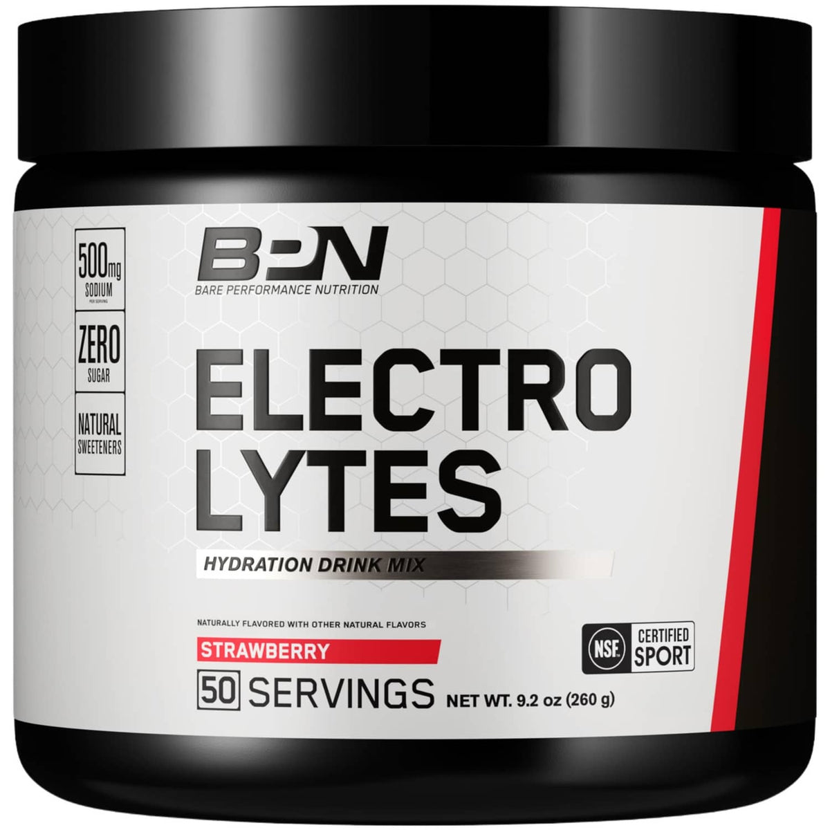 Electrolytes hydration drink mix jar, strawberry flavor, 50 servings on label