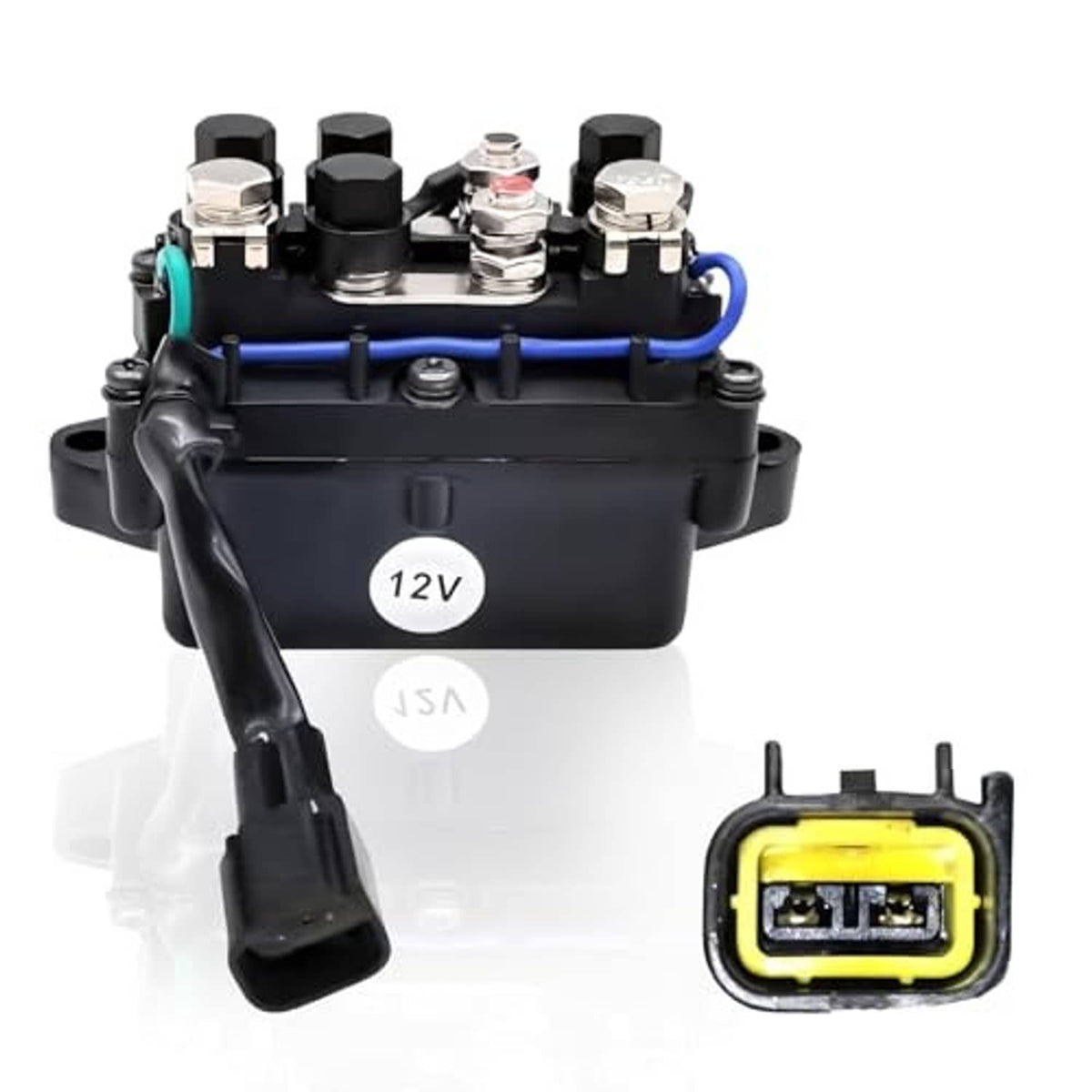 12V boat tilt trim relay module, black housing with blue wire and yellow terminal connector