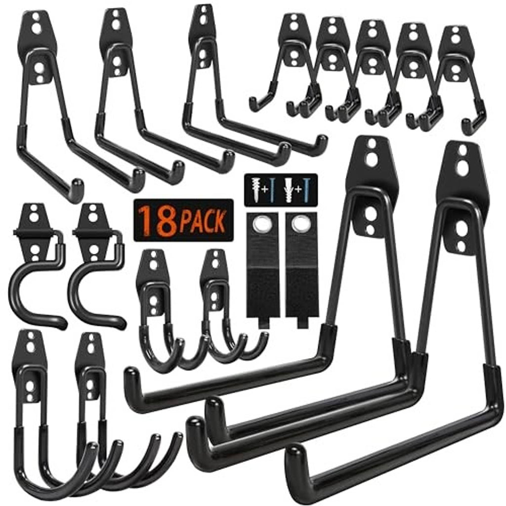 Black 18-pack heavy-duty garage hooks, curved U hooks with anti-slip coating