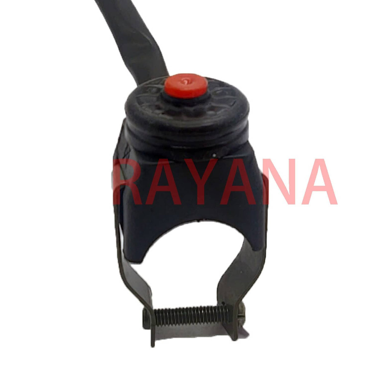 Black handlebar kill switch clamp with red push button on top and threaded screw base