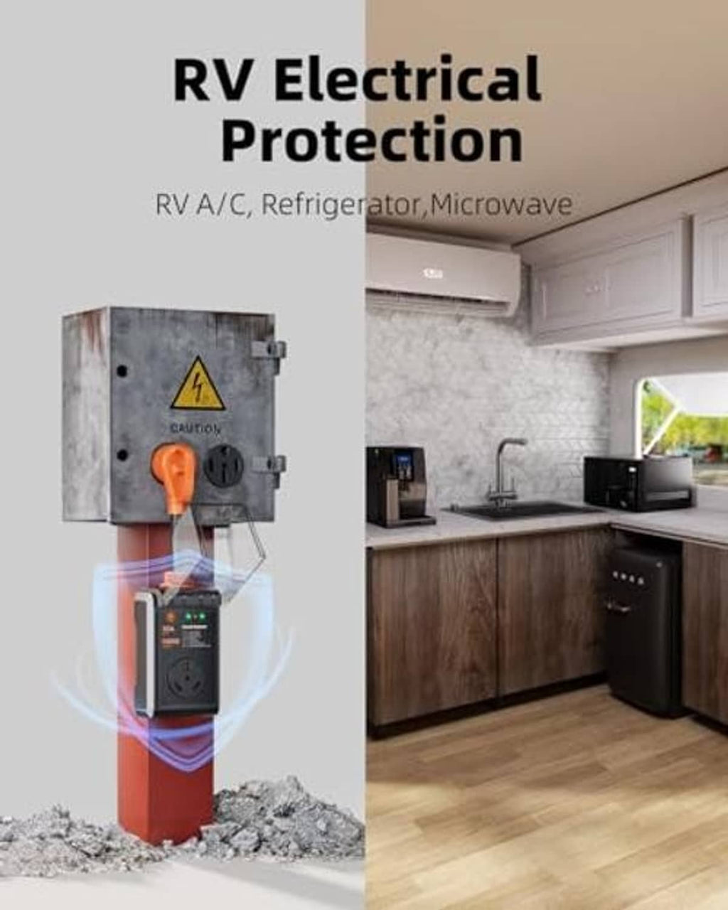 RV surge protector plugged into wall outlet, with orange plug and LED-lit status window