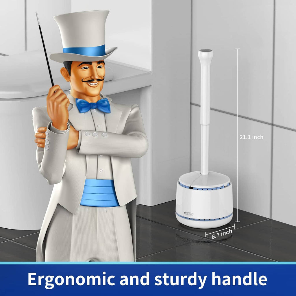 White toilet plunger with holder; 21.1 in height and 6.7 in cup width