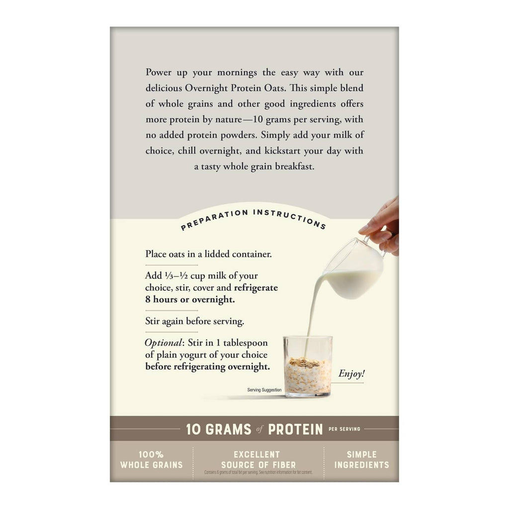 Overnight protein oats back panel with preparation instructions and serving guidance