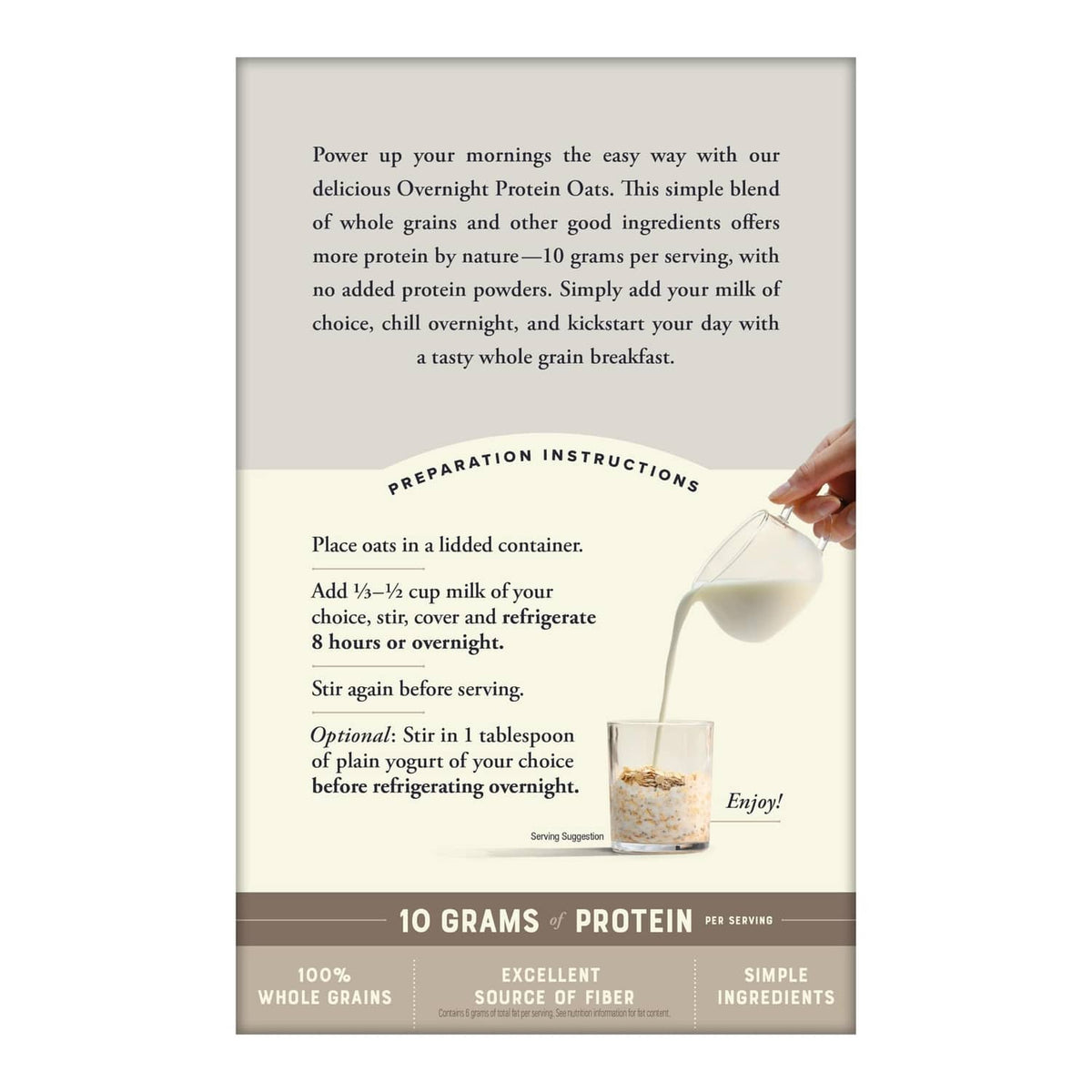 Overnight protein oats back panel with preparation instructions and serving guidance
