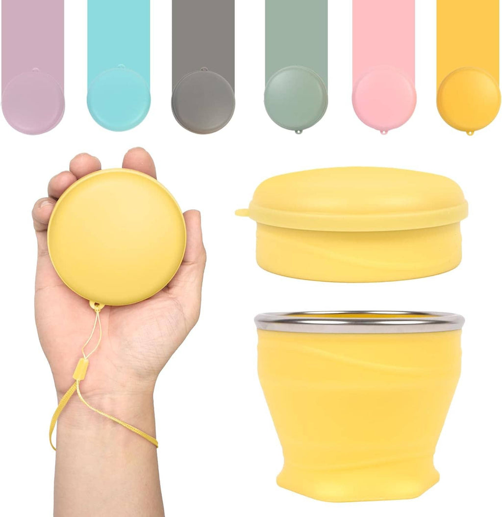 Yellow silicone collapsible travel cup with lid, 6oz mini folding cup and carry strap