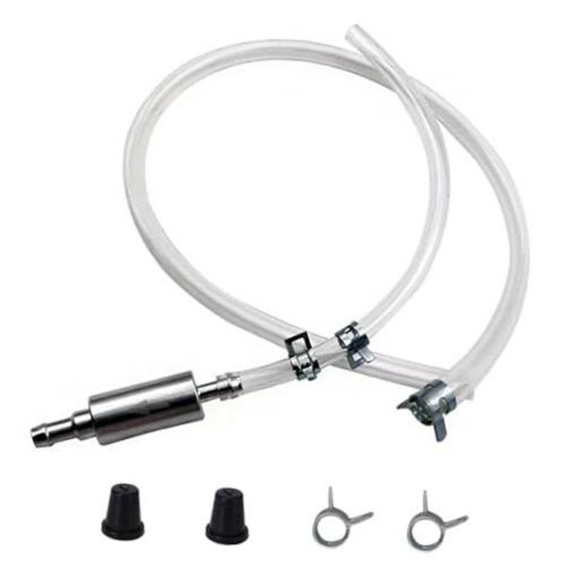 Brake bleeder kit with clear hose, one-way valve, metal pump tool, and rubber caps
