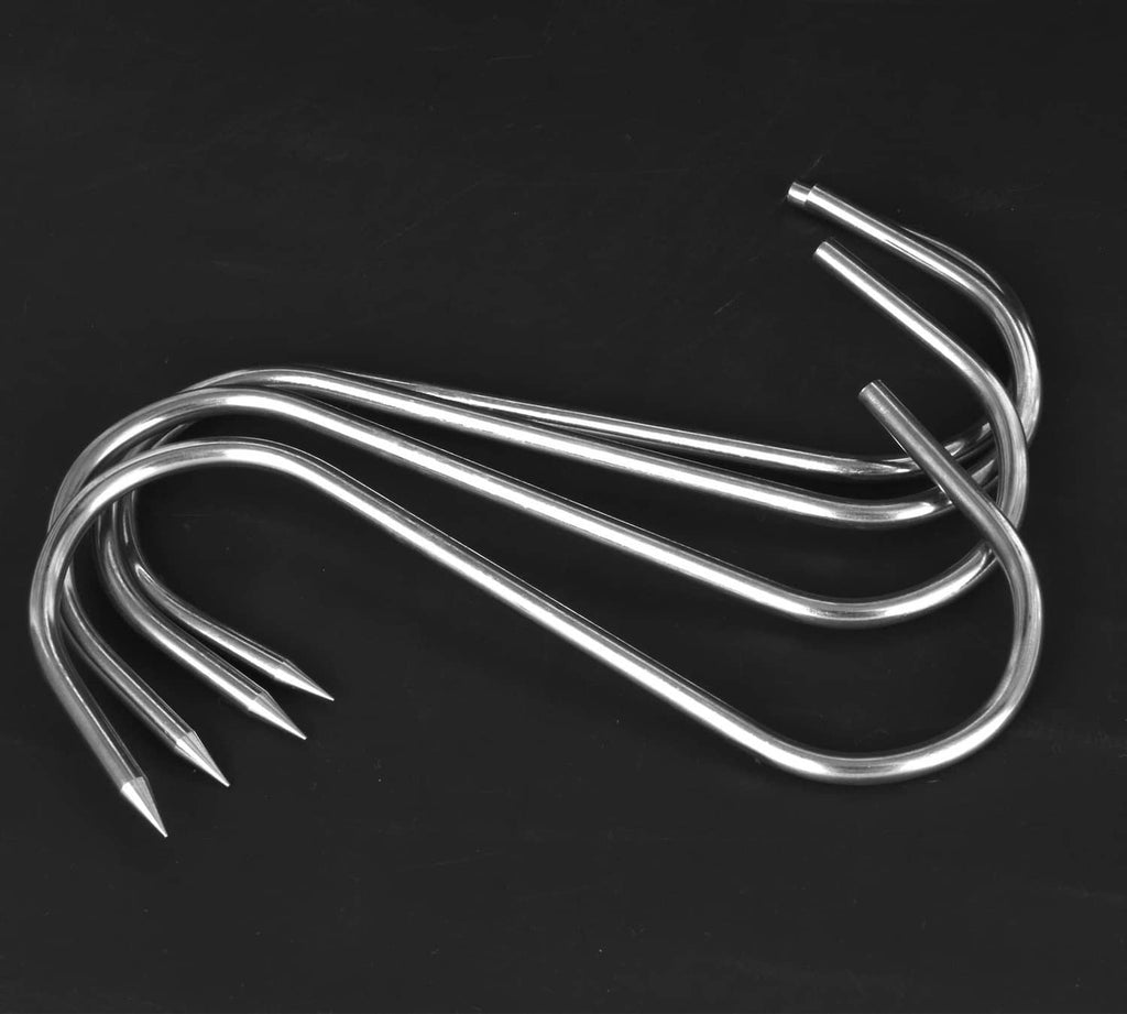 Stainless steel S-hook meat hooks with pointed tips, shown in a coiled cluster