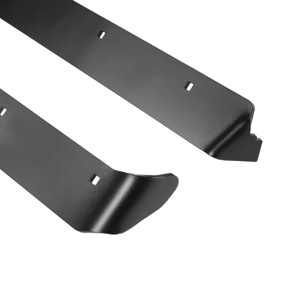 Close-up of black snow plow cutting edge blade ends with mounting holes