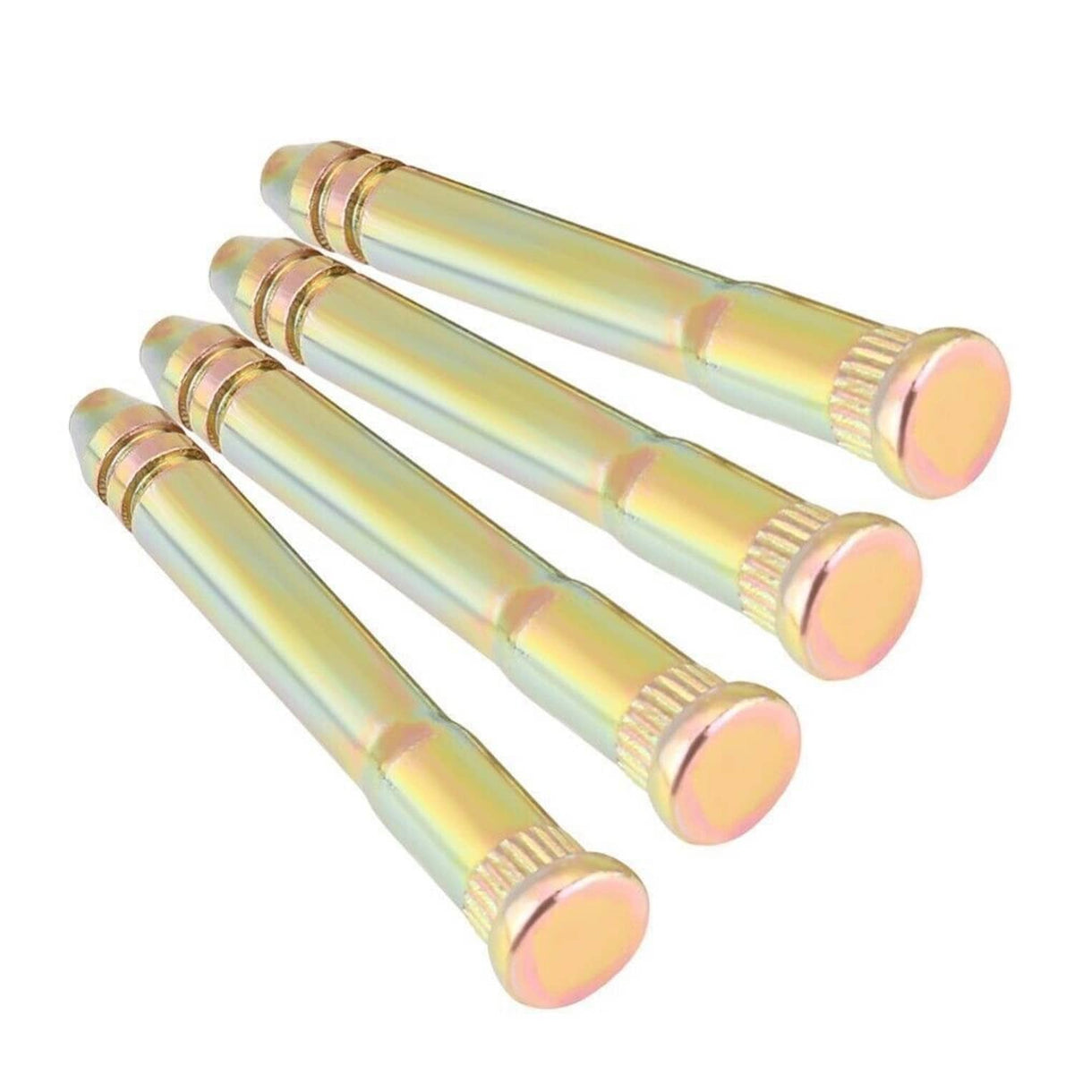 Three gold-toned door hinge pins with end ridges, part of a bushing kit
