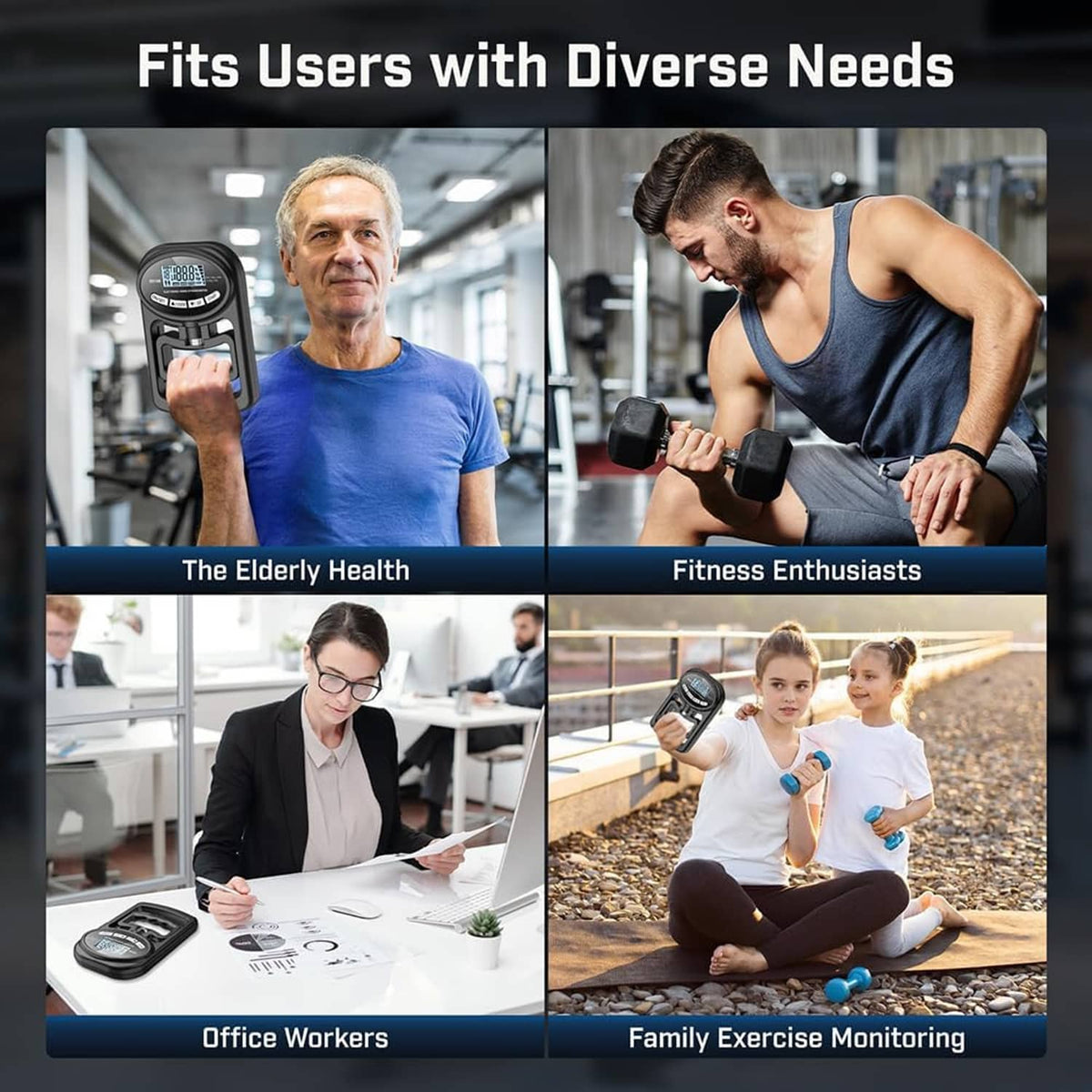 Electronic hand grip dynamometer shown in use on different adults, black.