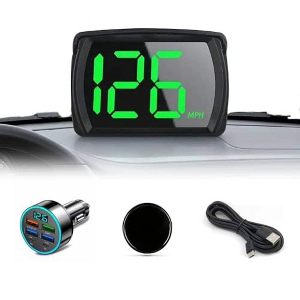 HUD speedometer on dashboard with green digits, plus blue car charger and USB cable