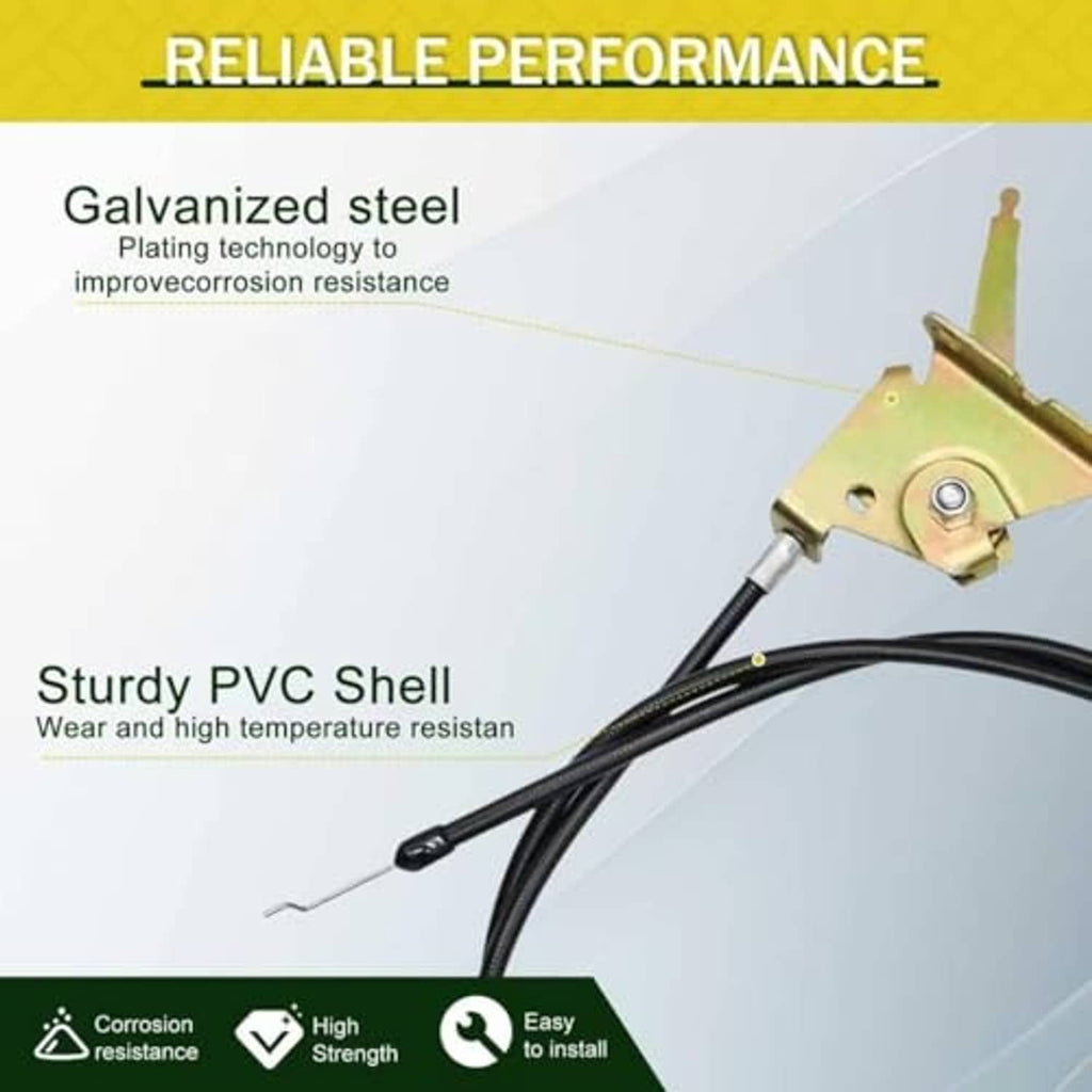 Throttle control cable with green bracket and black PVC-covered cable for lawn mower
