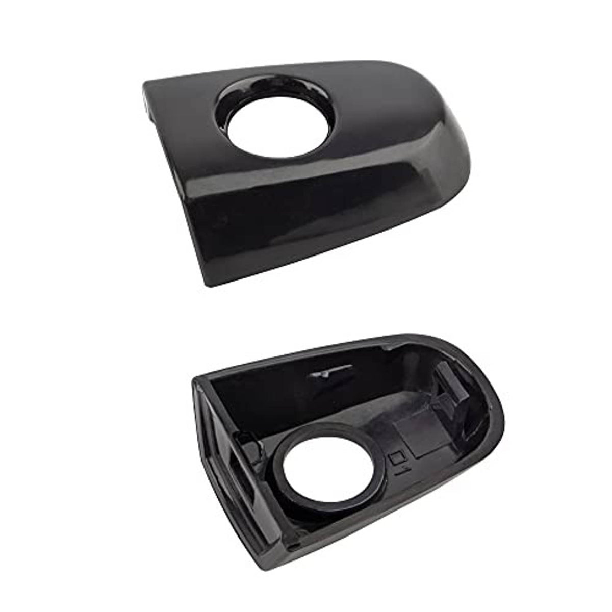 Black door handle bezel pieces with circular keyhole opening and inner housing