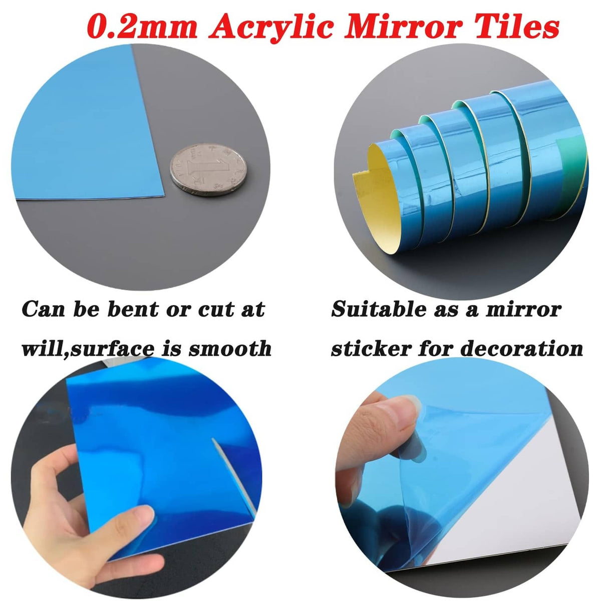0.2mm acrylic mirror tile, bendable and cuttable, smooth reflective surface