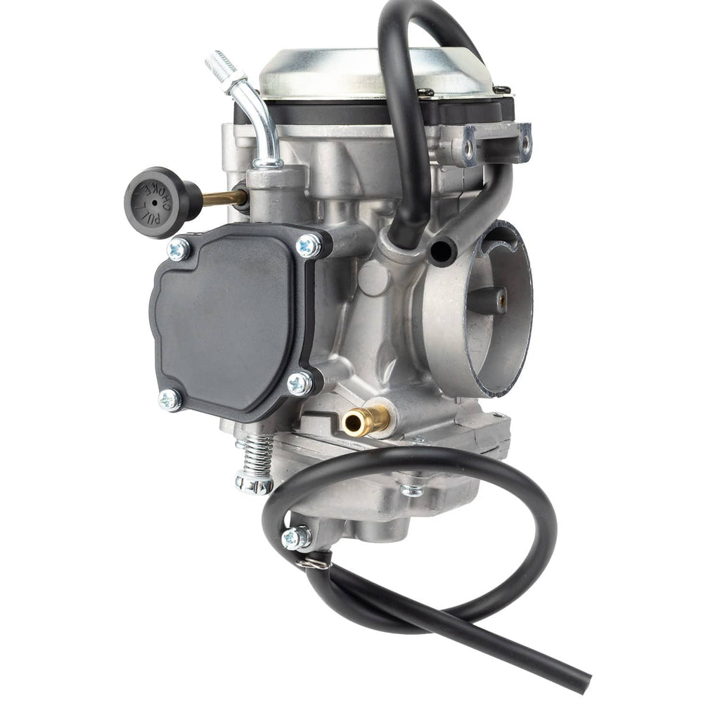 Carburetor assembly with black cover plate, silver housing, and black fuel hose