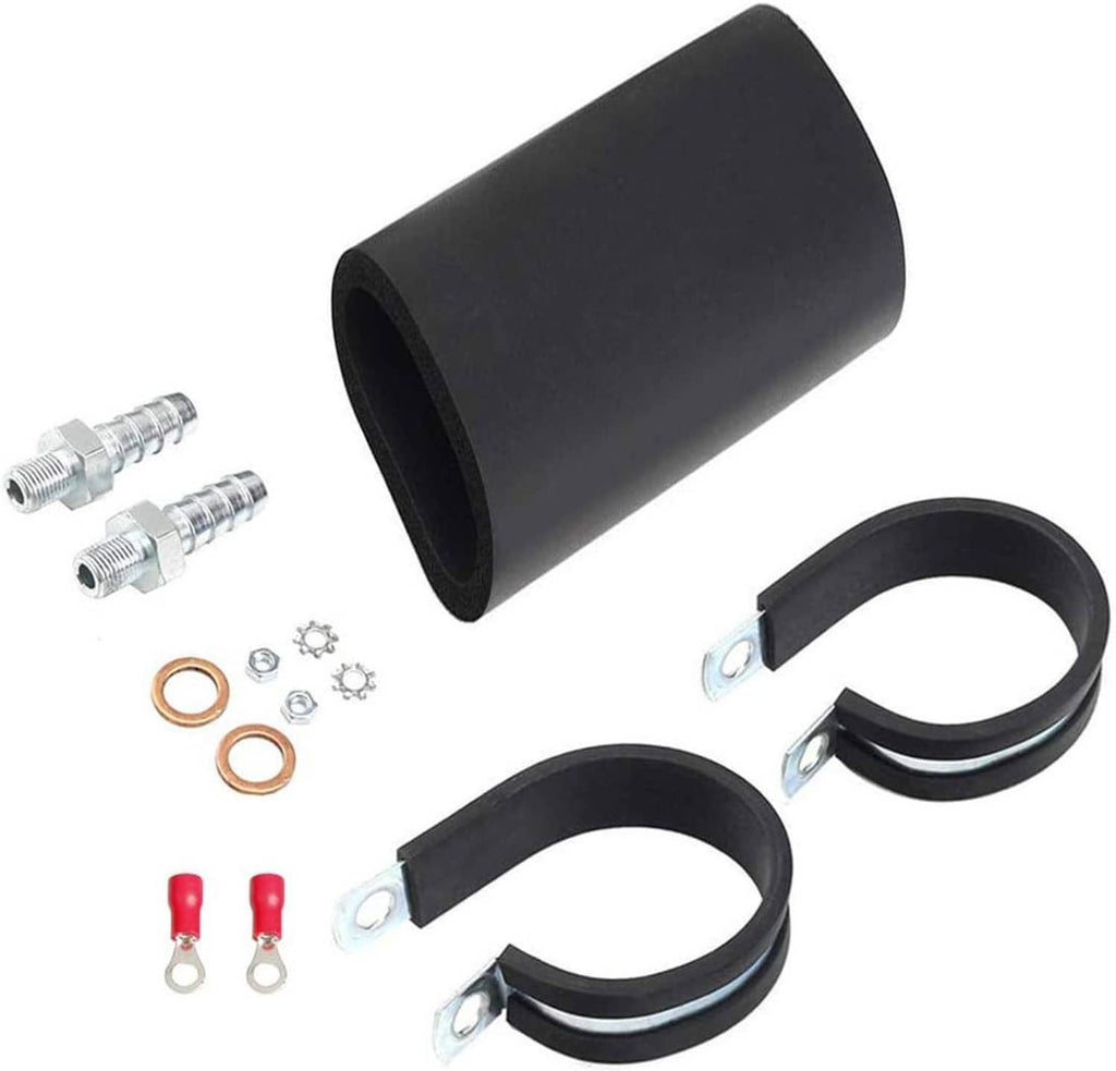 Black inline fuel pump housing with clamp straps, copper seals, and mounting parts